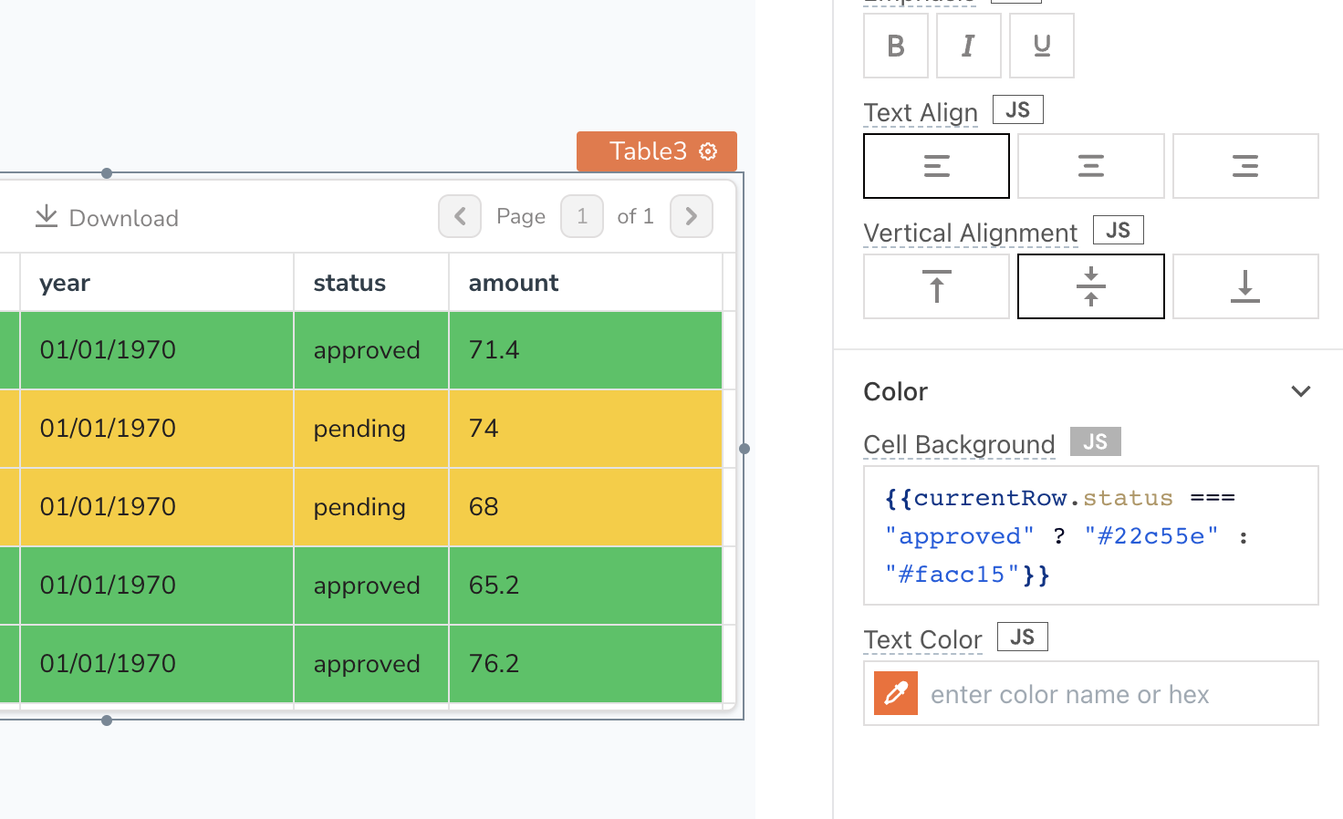 Display images on table row selection